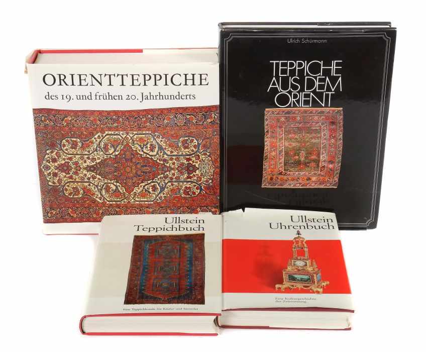 3 Teppich- und 1 Uhrenbuch best. aus: Schürmann, Teppiche aus dem Orient, Wiesbaden, Ebeling, o.