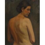 Albiol, C. Maler des 19./20. Jh.. "Weiblicher Rückenakt", Halbportrait einer jungen Frau, den Kopf
