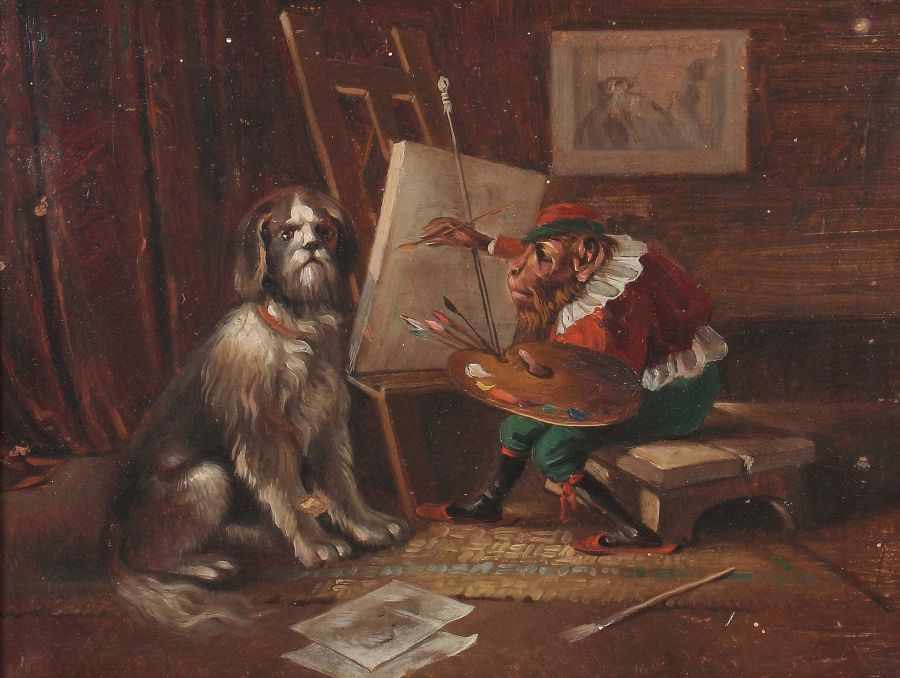 Maler und Karikaturist des 19./20. Jh. "Ein Affe als Maler beim Porträtieren eines Hundes",