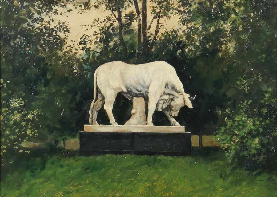 Maler des 19./20. Jh. um 1911, wohl München. Statue eines Stieres im Park, Marmorskulptur auf großem