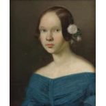 Manol Maler des 19. Jh.. "Porträt einer jungen Dame in blauem Kleid", Brustbildnis mit weißen