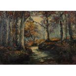 Maler des 19./20. Jh. "Bach im Herbstwald", von dem durch die Blattkronen fallenden Sonnenlicht