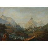 Mühlecker, Fr. Maler des 19. Jh.. "Fluss in den Alpen", im Vordergrund eine hölzerne Brücke zu einer