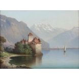 Doyen, Gustave 1837 - ?, war Maler in Frankreich. "Chateau Chillon", am Genfer See, im Hintergrund