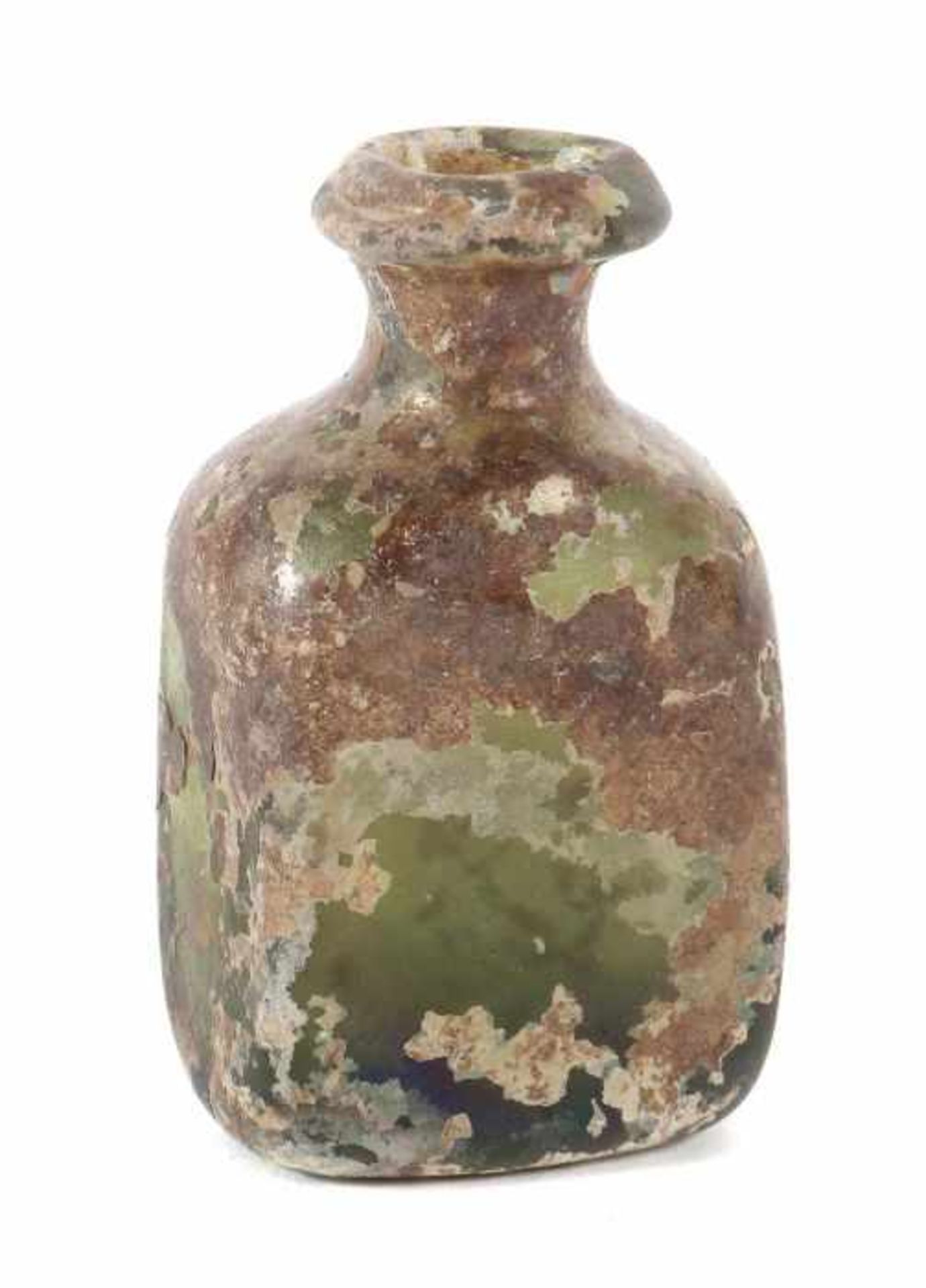 Flakon Wohl 1. Jh. n. Chr., römisch, leicht grünstichiges Glas mit Aufschmelzungen, irisierend, in - Bild 2 aus 2