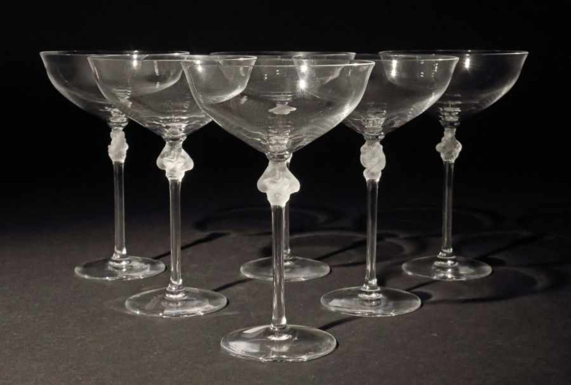 6 Champagnerschalen "Roxane" Cristallerie Lalique, Frankreich, 1970er Jahre, farbloses