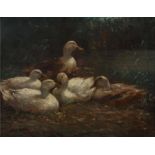 Artz, Constant 1870 - 1951, holländischer Maler. "Fünf Enten an einem Teichufer", im Abendlicht