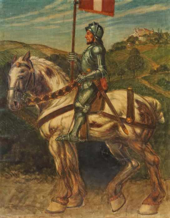 Historismusmaler des 19./20. Jh. Österreich oder Süddeutschland. "Ritter zu Pferd mit rot-weiß-roter