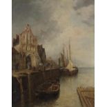 Dalmont, A. Maler des 19. Jh., wohl Pseudonym für Karl Kaufmann. "Hafenstadt", belebte Szene mit