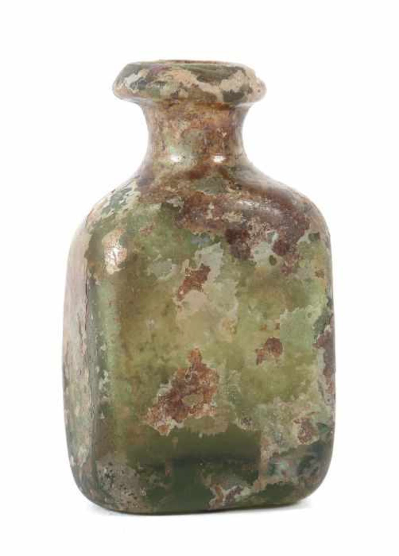 Flakon Wohl 1. Jh. n. Chr., römisch, leicht grünstichiges Glas mit Aufschmelzungen, irisierend, in