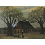 Monogrammist IH Maler des 19./20. Jh.. "Bauernpaar auf der Wiese vor dem Haus", naive Malerei, unten