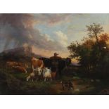 Herment, Victor Vitry 1801-1858, französischer Maler. "Viehhirte mit Rindern, Schaf und Ziegen", auf