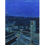 Maler des 20. Jh. "Stuttgart bei Nacht", Blick auf das beleuchtete Rathaus am Markt bis hin zum