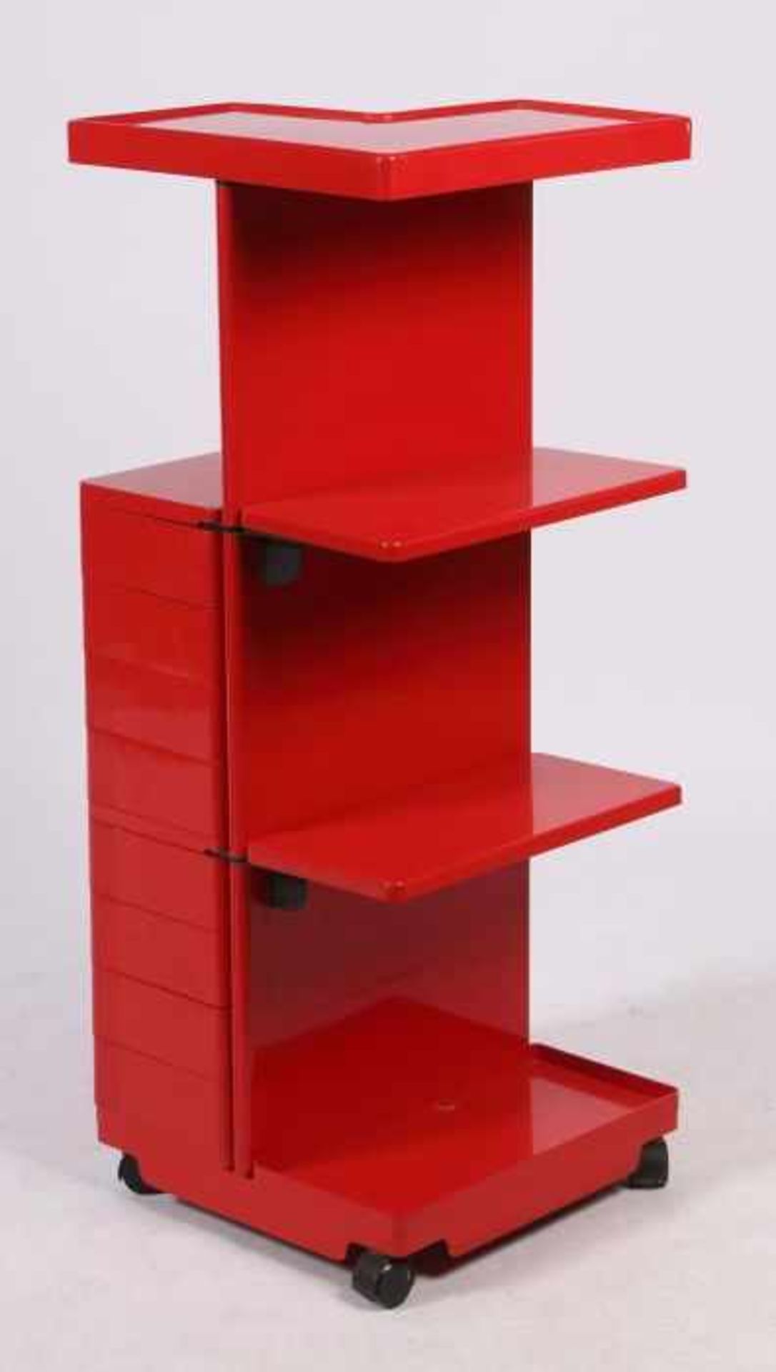 Rollcontainer 1970er Jahre, roter Kunststoff, quadratische Form, mit 8 schwenkbaren Schubladen, 3 - Bild 2 aus 2