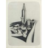 Grafiker des 20. Jh. "Stillleben", facettierte Flasche, Gläser und Teller mit Austern auf dem