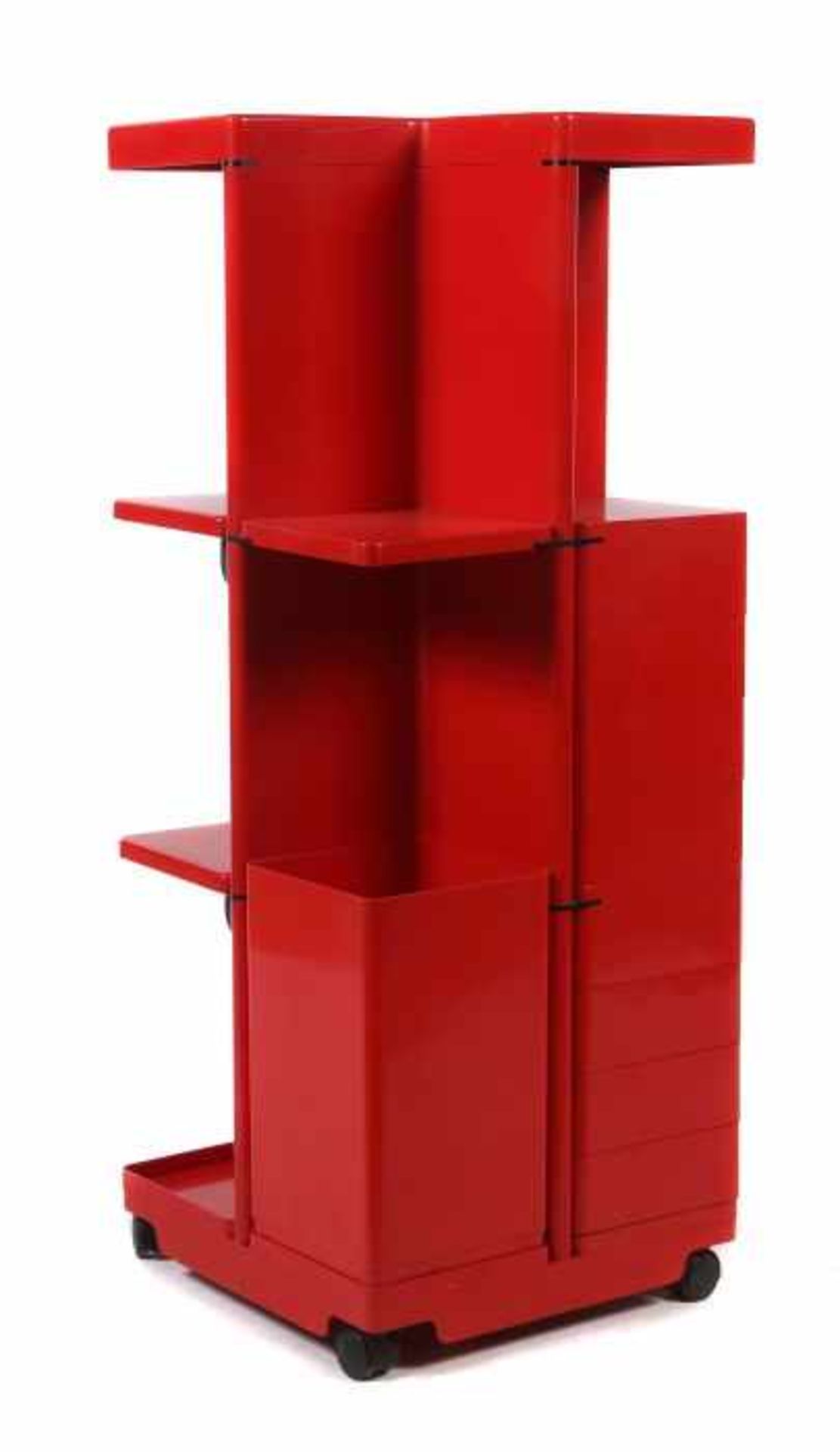 Rollcontainer 1970er Jahre, roter Kunststoff, quadratische Form, mit 8 schwenkbaren Schubladen, 3