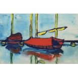 Dörnhöfer Künstler/in des 20. Jh.. "Boote mit roten Segeln", im Wasser ankernde blaue Boote mit