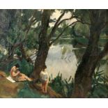 MAGUET, RICHARDFranzösischer Künstler 1896 - 1940 Badende am Waldsee. Öl/Lwd., signiert. 46x55cm,