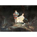 SEIDENBILDLiebespaar in nächtlicher Flusslandschaft. Auf Stoff gemalt. 19x25,5cmA SILK PICTURECouple