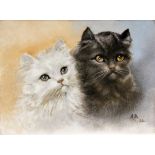 PORZELLANGEMÄLDE1936 Zwei Katzen. Farbig auf Porzellanplatte gemalt. Monogrammiert und datiert: A.M.