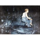 SEIDENBILDMädchen in nächtlicher Landschaft. Auf Stoff gemalt. 15,5x21cm A SILK PICTUREGirl in night