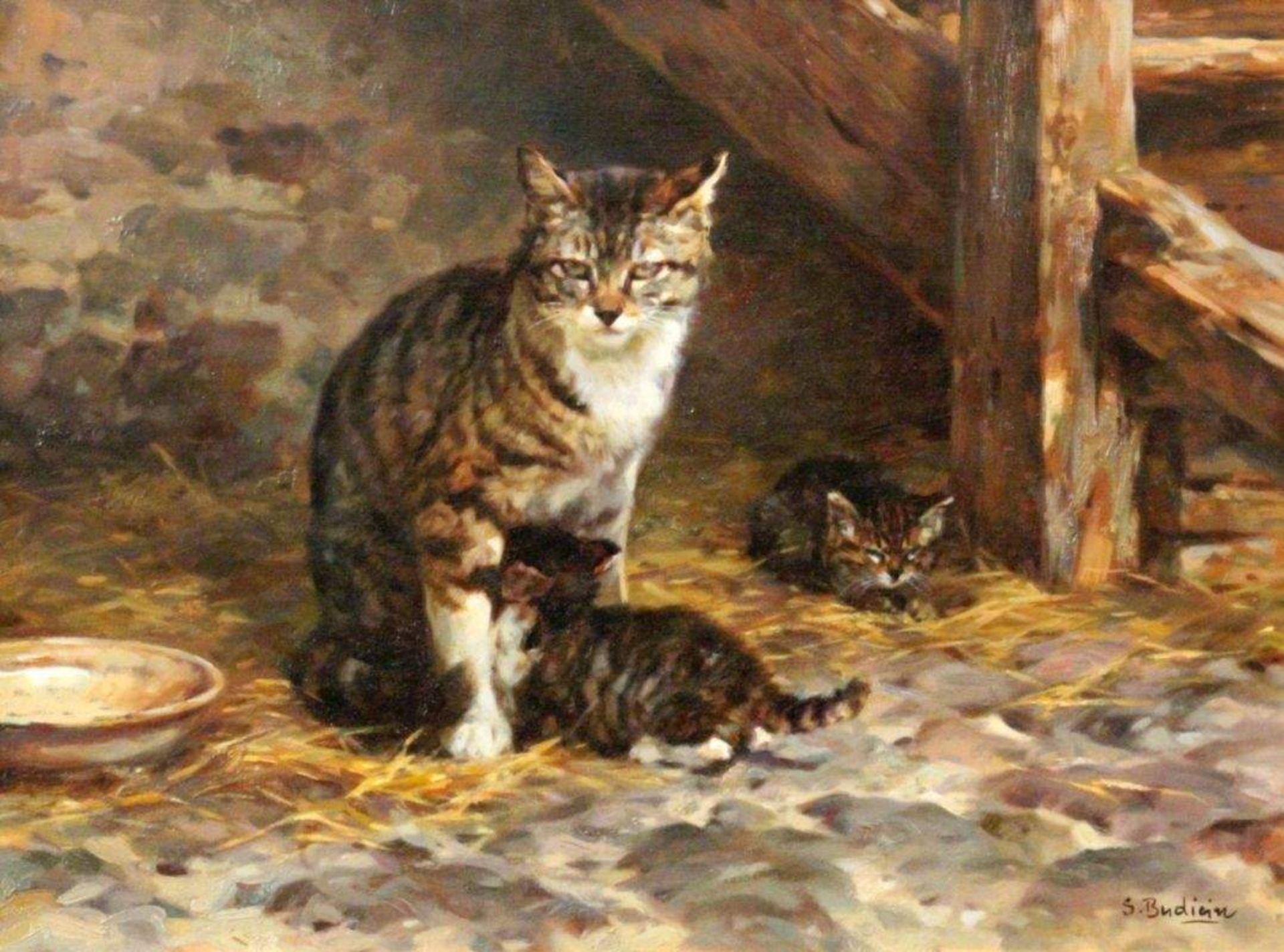 BUDICIN, SERGIOgeb. 1939 in Triest Katzenfamilie. Öl/Holz, signiert. 30x40cm, Ra. BUDICIN, - Bild 3 aus 3