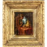 BOUVETFranzösischer Maler 1898 Stillleben mit Einrichtungsgegenständen und auf dem Tisch verstreuten