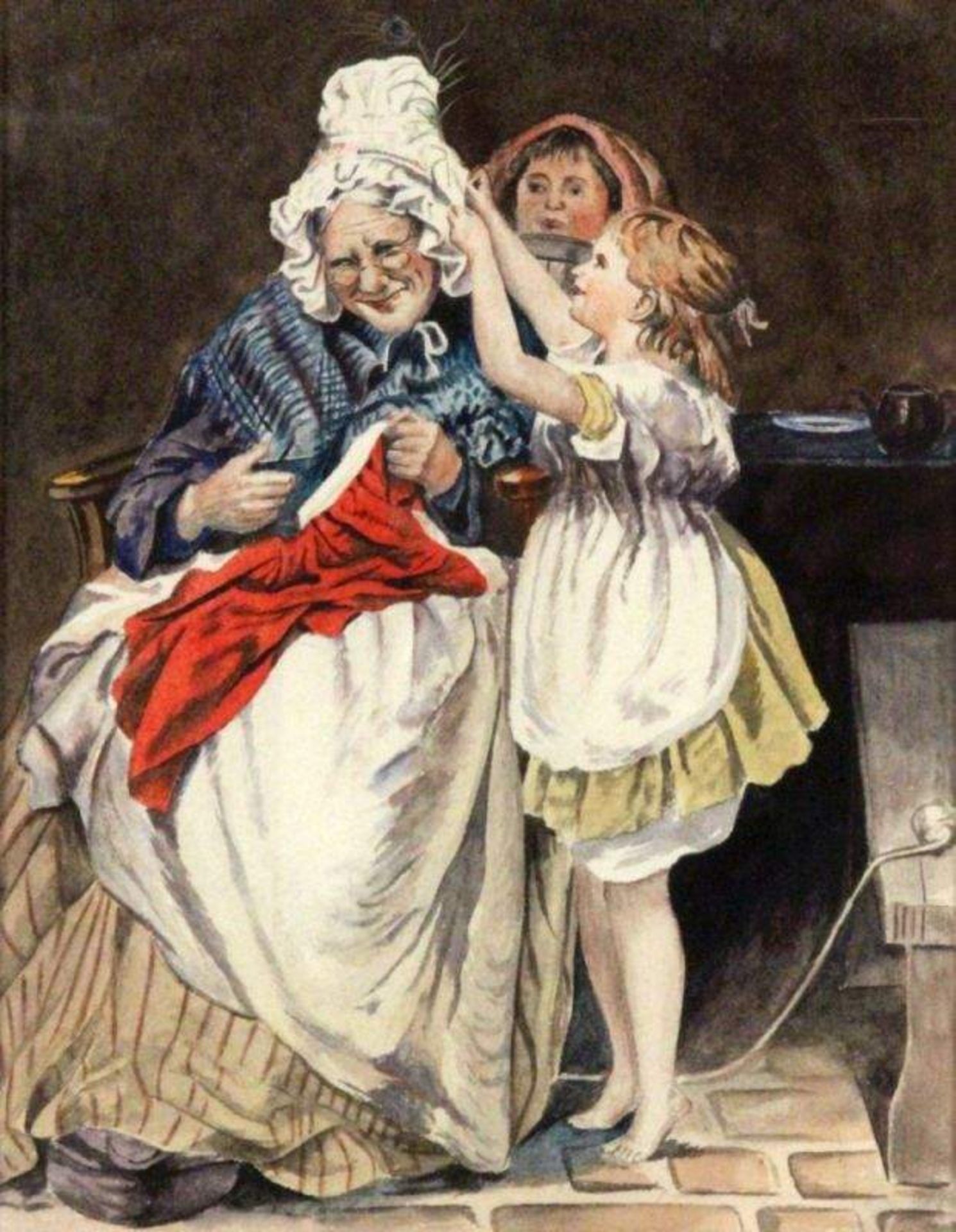 GENREMALERum 1900 Großmutter wird von ihren Enkelinnen mit einer Pfauenfeder geschmückt. Aquarell, - Bild 2 aus 2