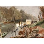 BRIANCHON, MAURICEFresnay-sur-Sarthe 1899 - 1979 Paris Kanallandschaft mit angelegten Booten. Öl/