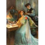 MICHELET, GEORGE C. geb. 1873 Beim Barbier. Junge Frau vor einer Spiegelkommode wird frisiert.