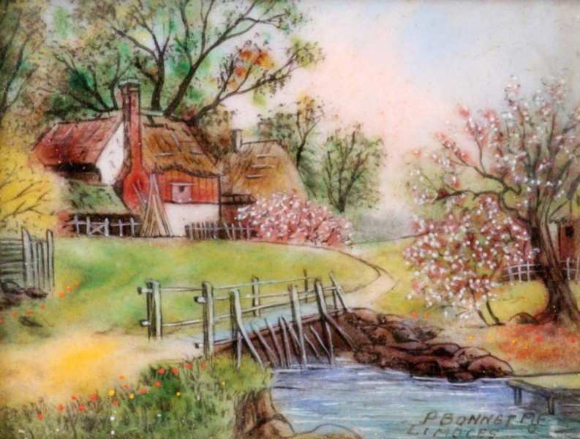 EMAILGEMÄLDE Pierre Bonnard, Limoges Frühlingslandschaft mit Bauernhof. Farbiges Emailgemälde, - Bild 2 aus 2