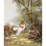 IMPRESSIONIST 20./21.Jh. Mädchen in einem Garten am See. Öl/Lwd., undeutl. signiert. 60x50cm, Ra. AN