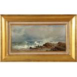 LÉON Spanischer Maler, 19.Jh. Küstenlandschaft mit Meeresbrandung. Öl/Karton, signiert. 17x33cm, Ra.