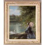 GREL, C. (?) 20.Jh. Dame mit Sonnenschirm am Schwanensee. Öl/Lwd., undeutl. signiert. 50x40cm, Ra.