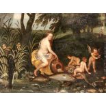 ITALIENISCHE SCHULE 17.Jh. Quellnymphe und drei Putti am Bach mit Fischen und Muscheln. Öl/Holz,