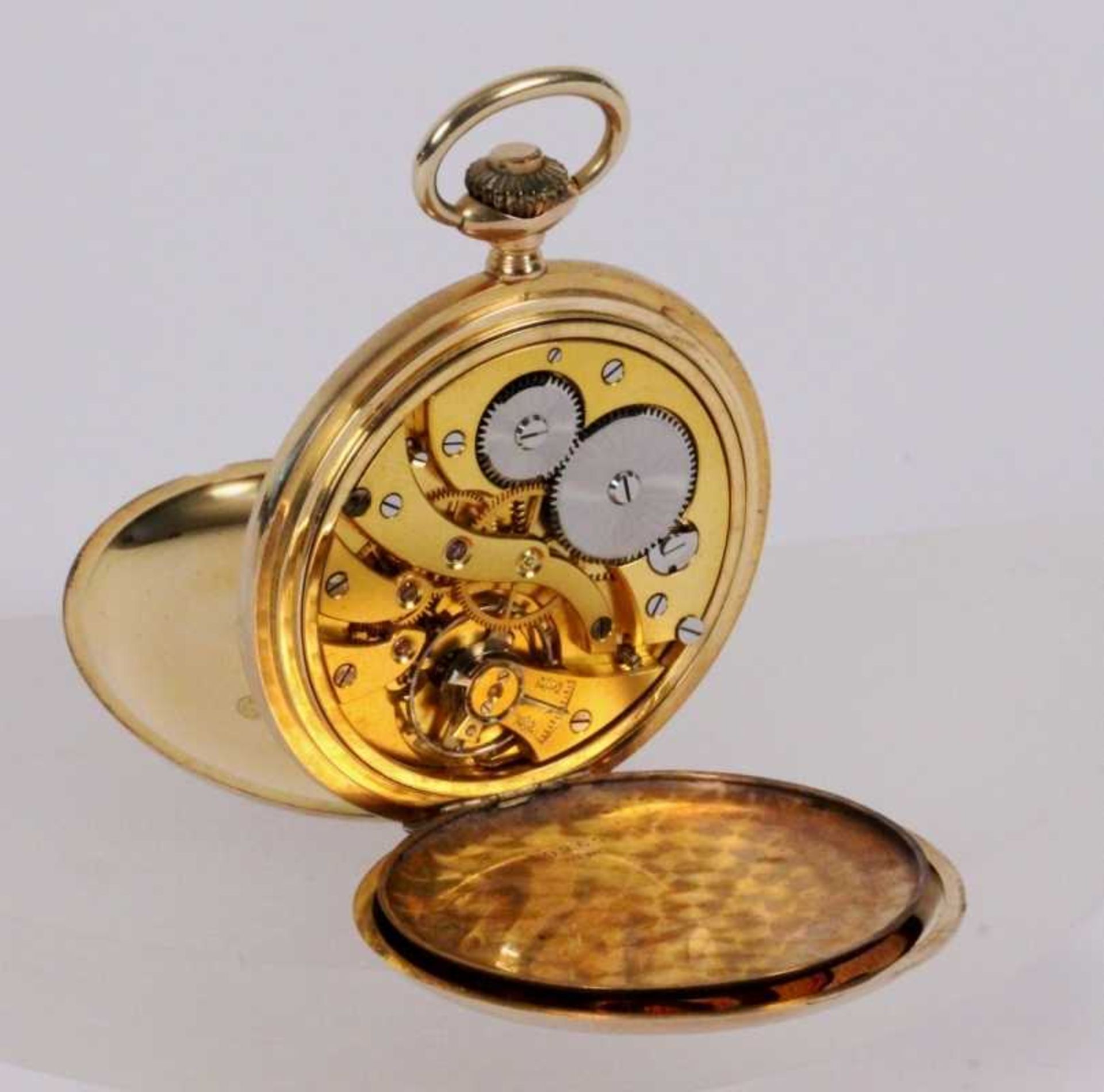 GOLDENE SAVONETTE TASCHENUHR Schweiz um 1900 Guillochiertes 585/000 Goldgehäuse mit Sprungdeckel und - Image 2 of 3