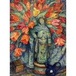 BAUDREXEL, EDVARD München 1890 - 1968 Stillleben mit Tulpen und japanischer Skulptur. Öl/Lwd.,