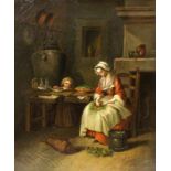 GENREMALER 19.Jh. Mutter mit Kind in der Küche beim Gemüseputzen. Öl/Lwd., 40x33cm, Ra.