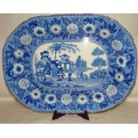 A large John Rogers & Son blue and white meat plate, transfer decorated with zebra and Orientals,