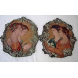 A pair of Austrian Art Nouveau pottery wall plaques by Ernst Wahliss, cast in relief with two