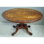 A Victorian rosewood loo table, the well figured oval tilting top with inlaid foliate decoration and