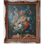 Oil on board in the manner of Jean Francois Eliaerts, still life of flowers on a marble shelf, 54m