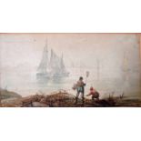 English School, 19th century, Two figures fishing on a misty river bank, fishing boats becalmed,