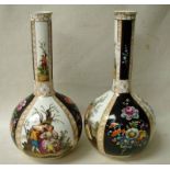 A pair of Meissen style gilt highlighted bottle vases, black ground with Watteauesque panels