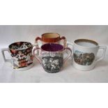 A Sunderland lustre loving cup, monochrome printed with two warships entitled Constitution and The