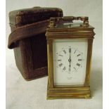 An early 20th century brass cased repeater carriage clock, the white enamelled rectangular dial with