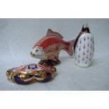 Three Royal Crown Derby bone china paperweights modelled as a golden carp, 18cm long, a crab, 12cm