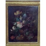 Continental School, Still Life Vase of Flowers on a Shelf, unsigned oil on board, 19th century, 44cm