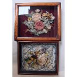 A cut fabric and feather diorama, still life of flowers on a mauve ground in rectangular maple frame