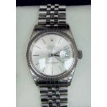 A gentleman's stainless steel Rolex Oyster Perpetual Datejust wrist watch, the signed silvered